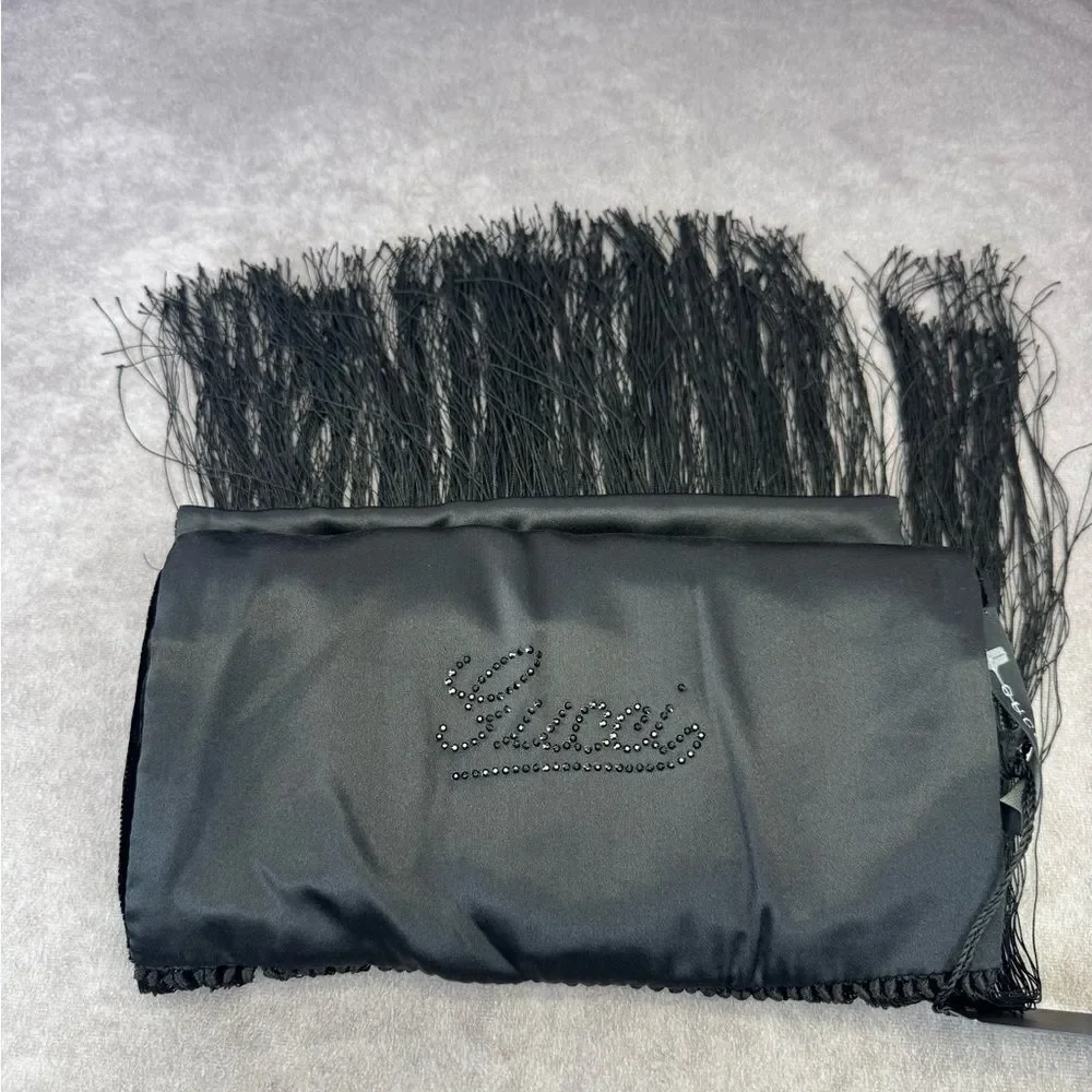 Gucci NWT Crystal Script Logo Velvet & Satin Fringe Scarf